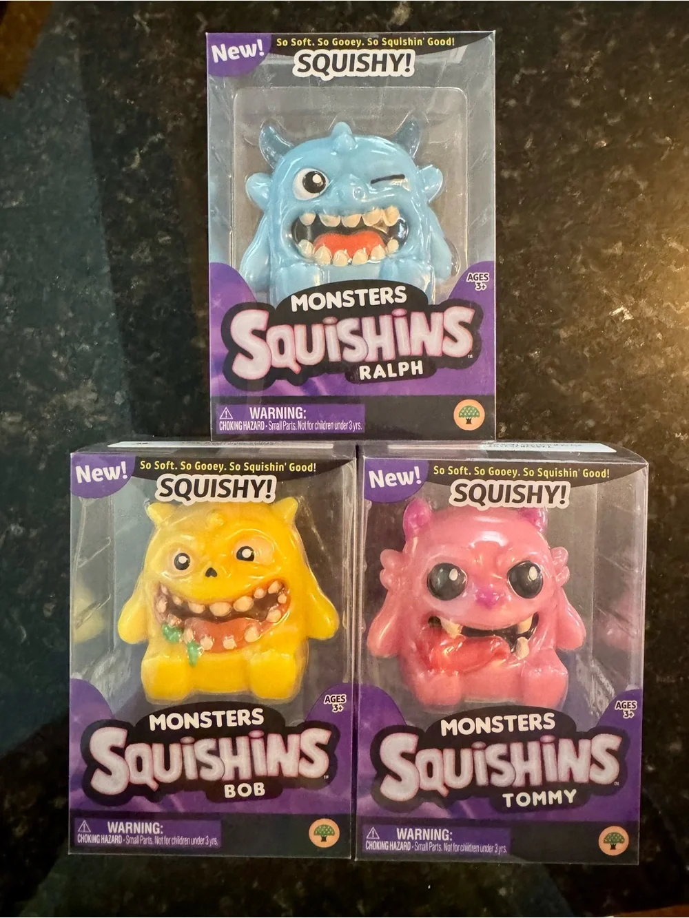 Monsters Squishins Ralph, Bob & Tommy Squishy Complete Set - Blue, Yellow, Pink